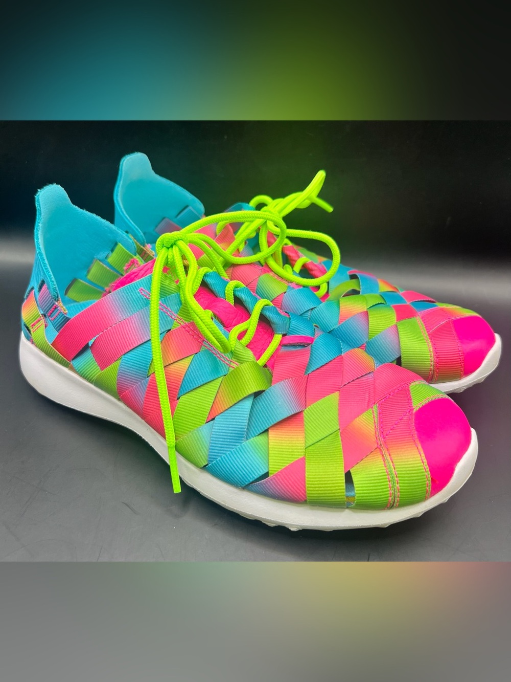 Nike - Women’s Juvanate Woven Sneakers in Neon Pink, Teal & Lime-6.5